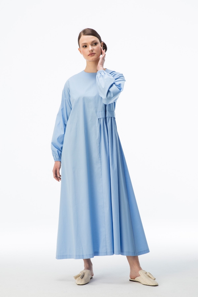 Resim Büzgü Detaylı Elbise - Bebe Mavi