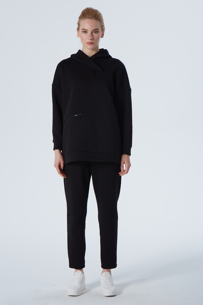 Cep Detaylı Kapşonlu Üçiplik Sweatshirt - Siyah