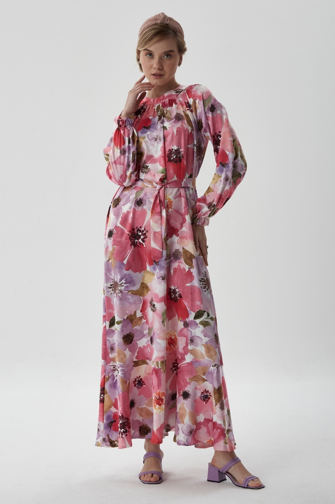 Volanlı Krep Elbise - Pembe Çiçek