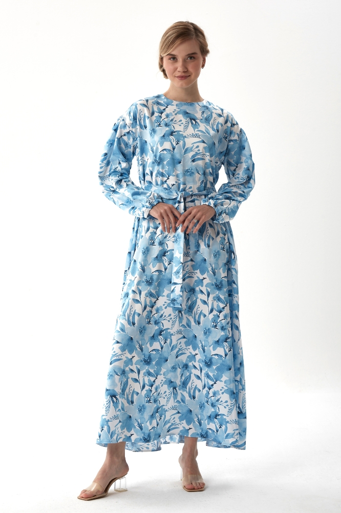 Resim Belden Büzgülü Saten Elbise - Blue Çiçek