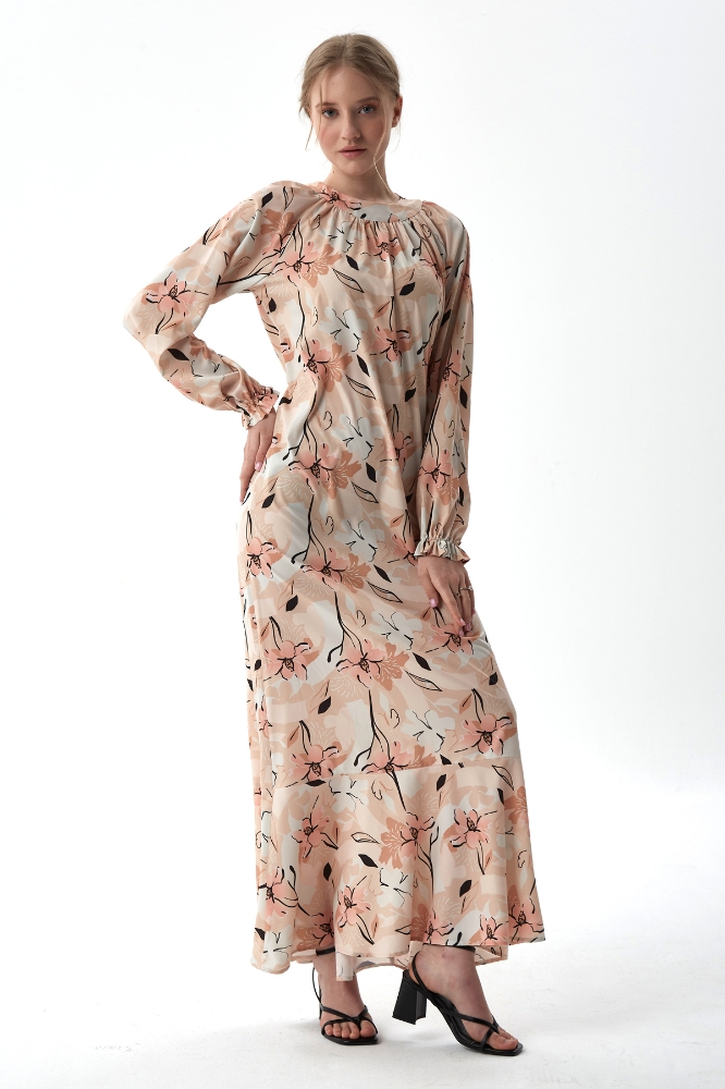 Resim Volanlı Krep Elbise - Pudra Çiçek