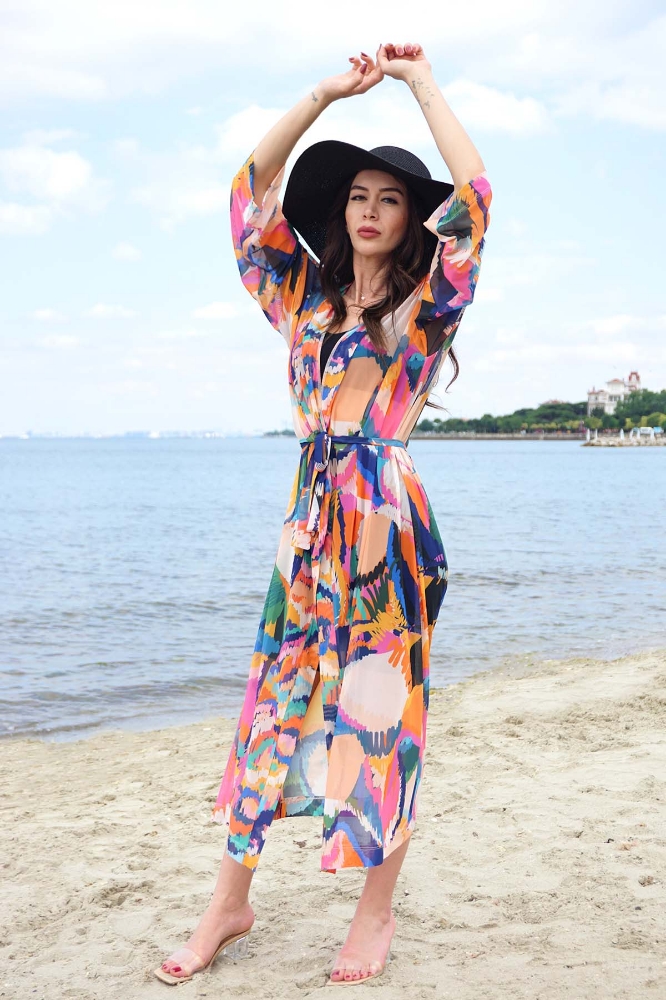 Resim Tül Uzun Kimono - Renkli